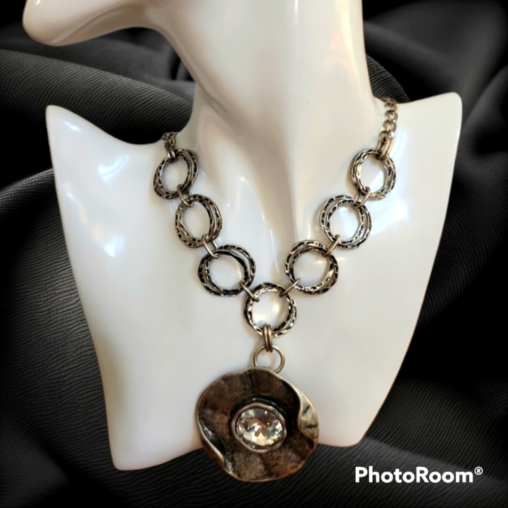 Vtg VCLM Industrial Metal Rhinestone Circle Pendant Festival Chain Necklace